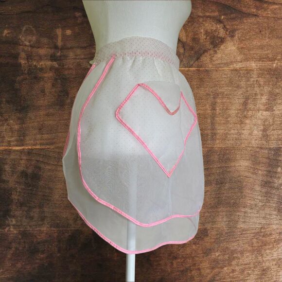 Vintage Short Sheer Apron White and Pink Polka Dots Hostess Pocket - Picture 5 of 7